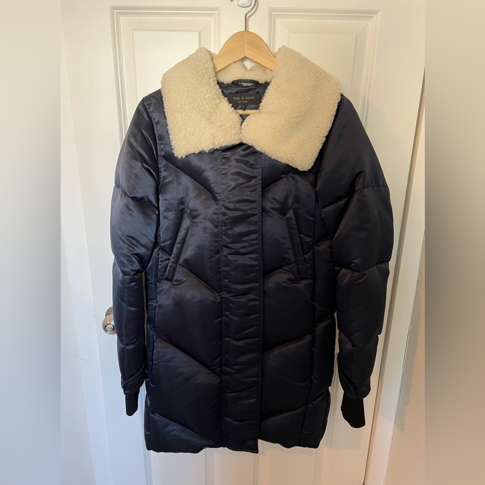 Rag & Bone Satin Puffer Coat with Sherpa Collar